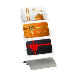 3 Pocket Gift Card Display for Tabletop with Clear Acrylic Slant Back and Silver Metal Snap On Base